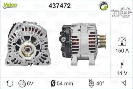 Генератор (14В, 150А, відновлений) CITROEN BERLINGO, BERLINGO/MINIVAN, C1, C2, C3 I, C3 PLURIEL, C4, C4 I, C5 II, C8, XSARA, XSARA PICASSO, XSARA/HATCHBACK, FIAT ULYSSE 1.4D-2.2D 02.99- Valeo 437472