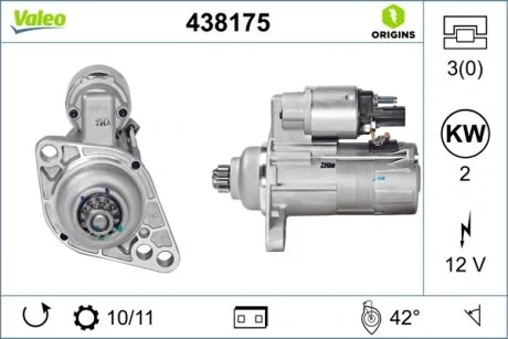 Стартер (12В, 2кВт, новий) AUDI A3, TT SEAT ALTEA, ALTEA XL, CORDOBA, IBIZA III, IBIZA IV, IBIZA IV SC, LEON, TOLEDO III SKODA FABIA I, FABIA I PRAKTIK, FABIA II, OCTAVIA II 1.4-2.0D 10.99- Valeo 438175