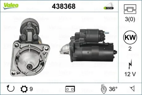 Стартер (12В, 2кВт, новий із заставою) IVECO DAILY I, DAILY II, ALFA ROMEO 145, 146, 147, 156, 159, BRERA, GT, MITO, CADILLAC BLS, CHEVROLET CRUZE, MALIBU, FIAT BRAVA, BRAVO 1.3D-2.5D 01.78- Valeo 438368