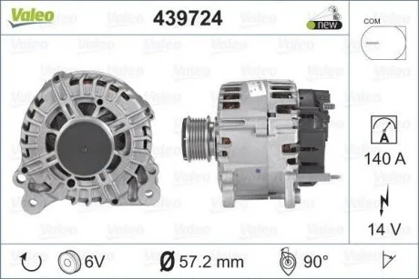 Генератор (14В, 140А, новий із заставою) AUDI A1, A3, A4 ALLROAD B8, Q3, TT, SEAT ALHAMBRA, ALTEA, ALTEA XL, IBIZA IV, IBIZA IV SC, IBIZA IV ST, LEON, TOLEDO IV, SKODA FABIA II 1.0-2.0D 05.03- Valeo 439724