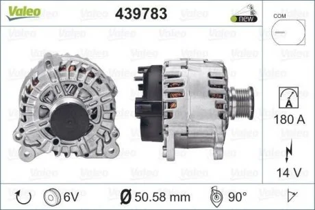 Генератор (14В, 180А, новий із заставою) MAN TGE, AUDI A3, A6 C6, SEAT ALHAMBRA, ATECA, LEON, LEON SC, LEON ST, SKODA KODIAQ I, OCTAVIA III, SUPERB III, YETI, VW ARTEON, ATLAS 1.4-3.6 07.04- Valeo 439783