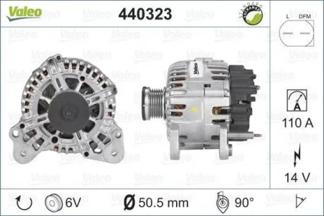 Генератор (14В, 110А, відновлений) AUDI A1, A3 SEAT ALTEA, ALTEA XL, IBIZA IV, IBIZA IV SC, IBIZA IV ST, LEON, TOLEDO IV SKODA FABIA II, OCTAVIA II, RAPID, ROOMSTER 1.0-2.0D 10.08- Valeo 440323